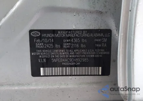 2014 Hyundai Sonata Gls z USA, uszkodzony, nr VIN 5NPEB4AC9EH892985